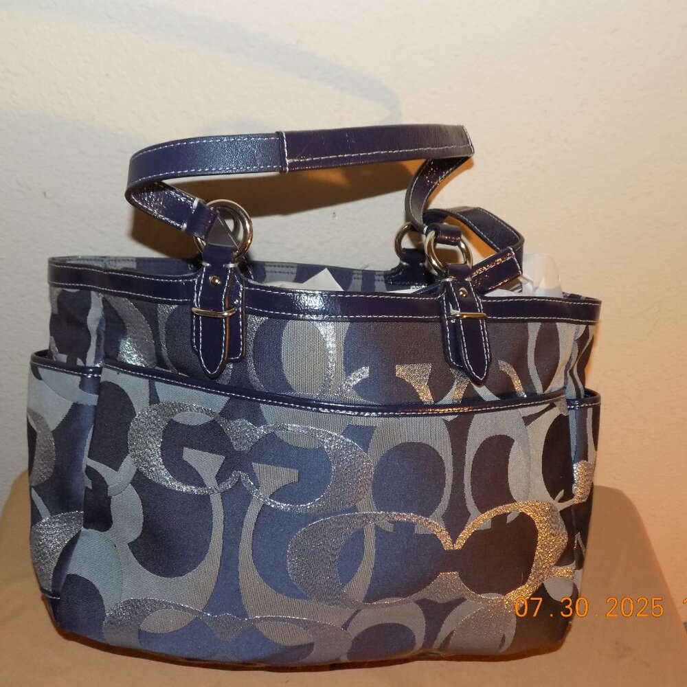Coach Gallery Optic Signature Metallic Blue Silver Tote 19664 - Picture 4 of 8